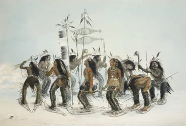 La Danza del Zapato de Nieve, de la Cartera de Indios de América del Norte de Catlin. Escenas de Caza y Diversiones de las Montañas Rocosas y Praderas de América, pub. 1845